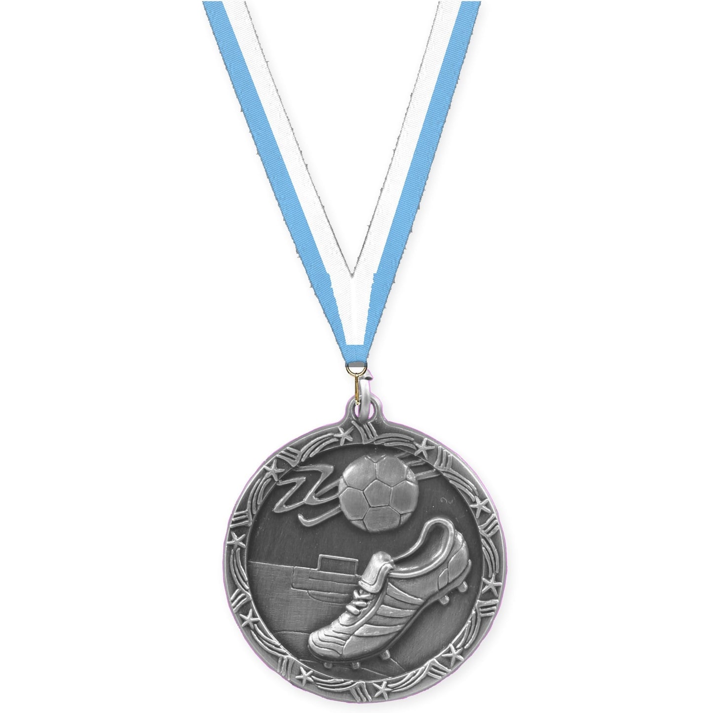 2 1/2 inch soccer Shooting Star medal in antique silver with Light Blue White neck ribbon