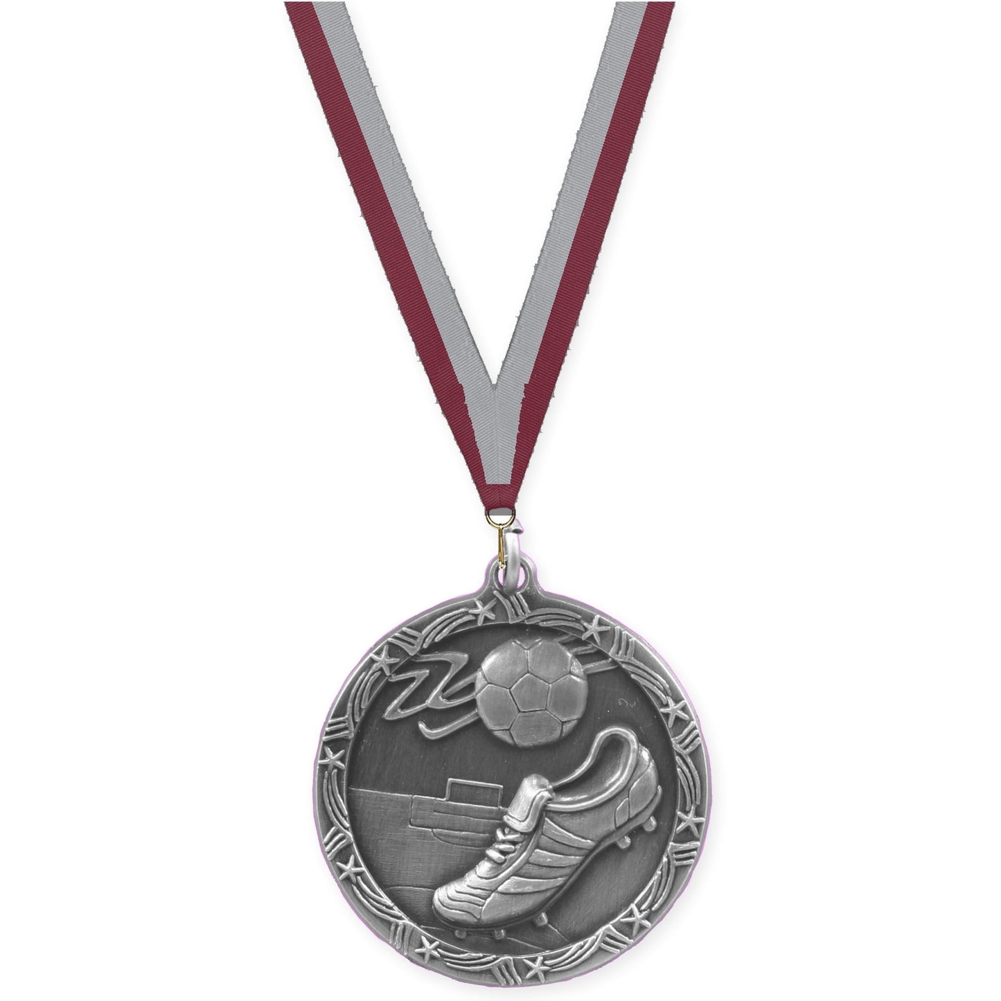 2 1/2 inch soccer Shooting Star medal in antique silver with Maroon Gray neck ribbon