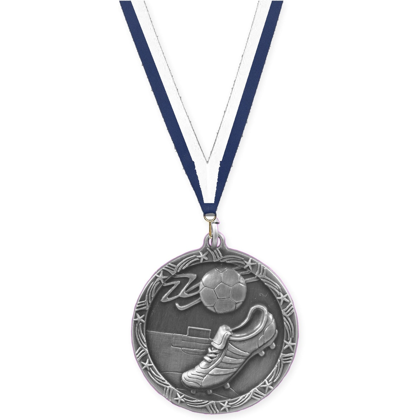 1 3/4 inch soccer Shooting Star medal in antique silver with Navy White neck ribbon