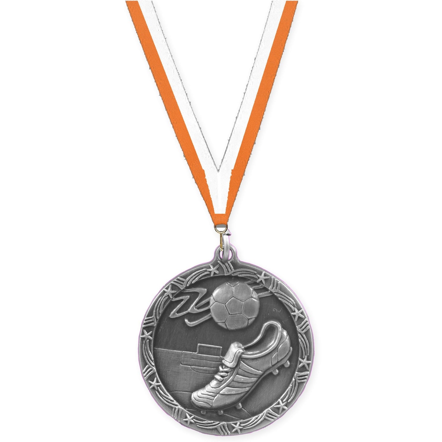 2 1/2 inch soccer Shooting Star medal in antique silver with Orange White neck ribbon
