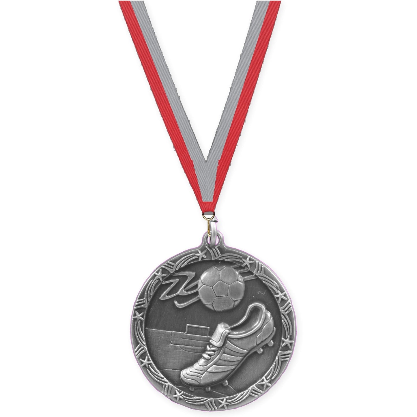 2 1/2 inch soccer Shooting Star medal in antique silver with Red Gray neck ribbon