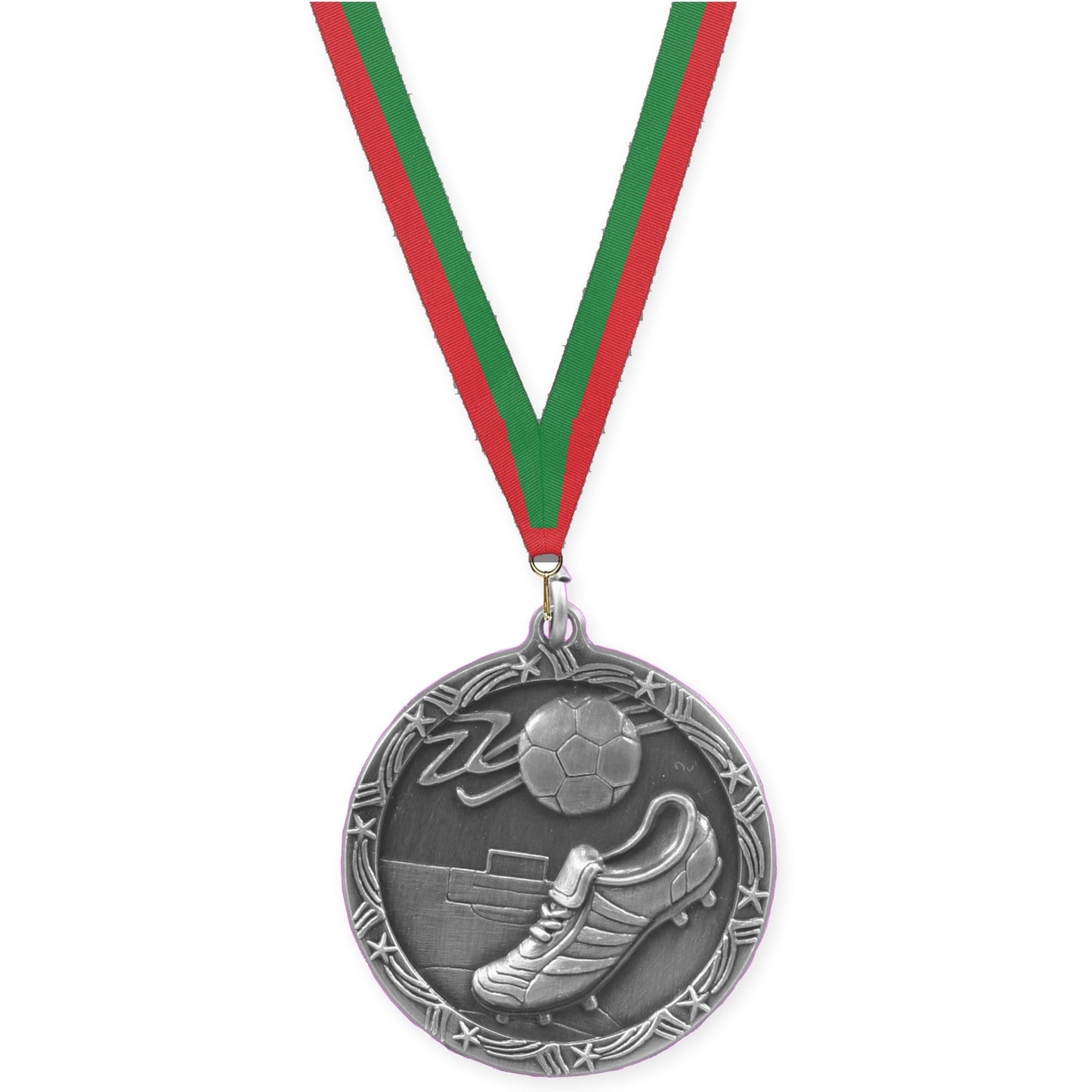 2 1/2 inch soccer Shooting Star medal in antique silver with Red Green neck ribbon