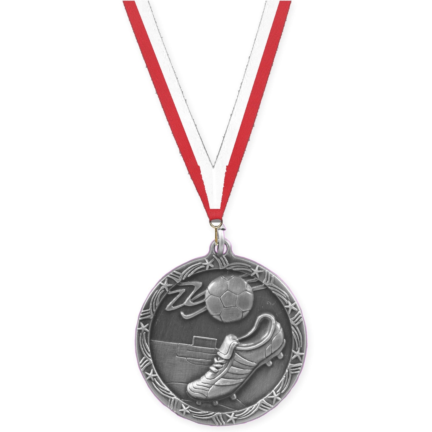 1 3/4 inch soccer Shooting Star medal in antique silver with Red White neck ribbon