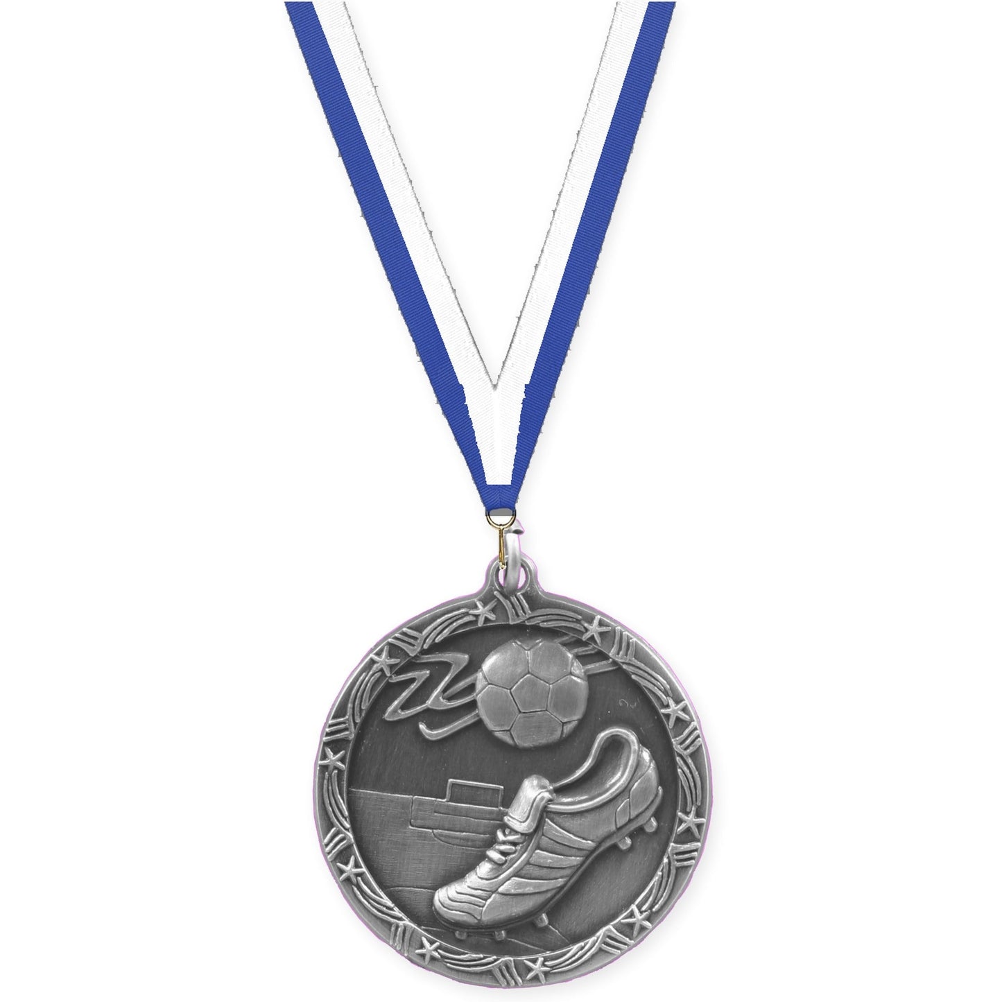 2 1/2 inch soccer Shooting Star medal in antique silver with Blue White neck ribbon