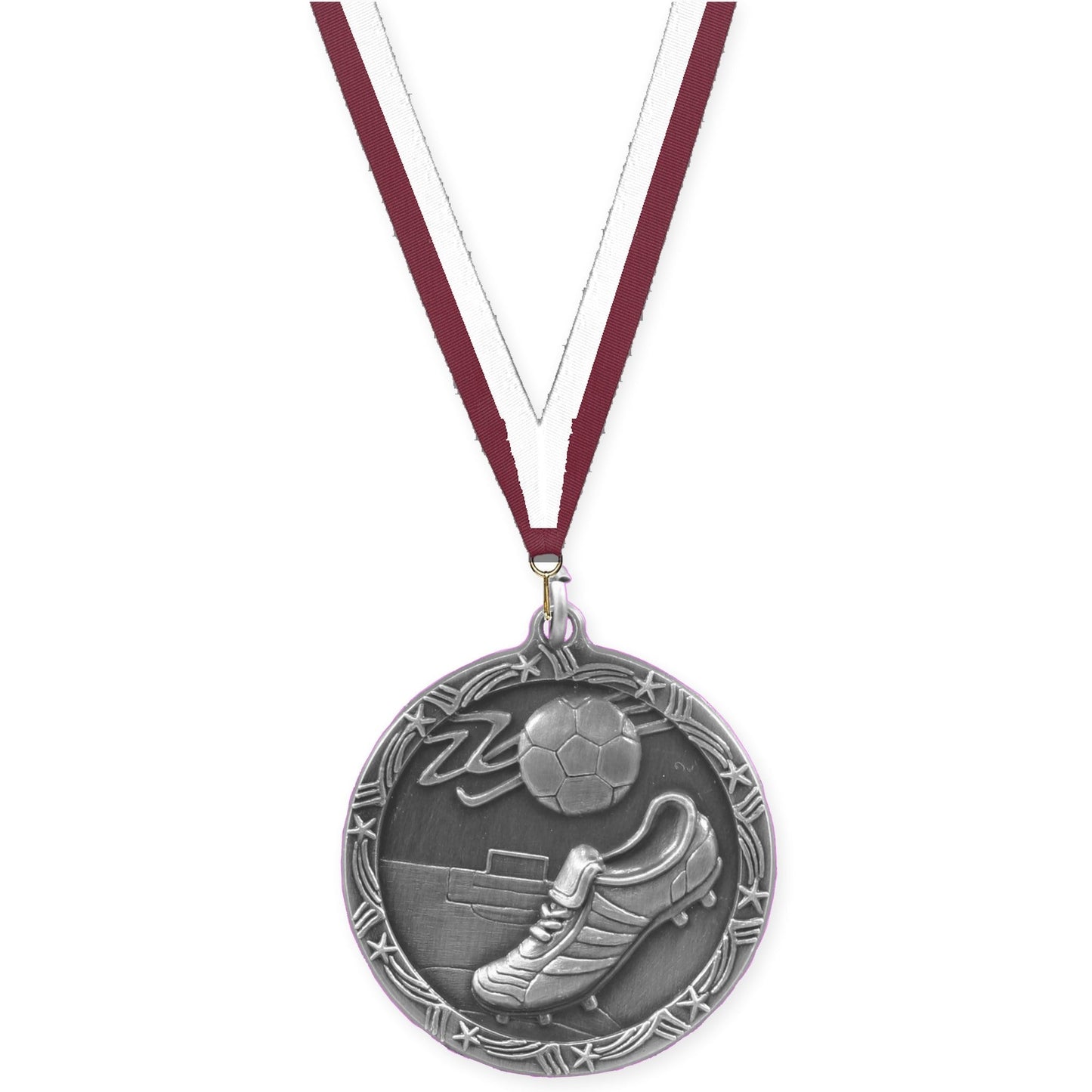 1 3/4 inch soccer Shooting Star medal in antique silver with Maroon White neck ribbon