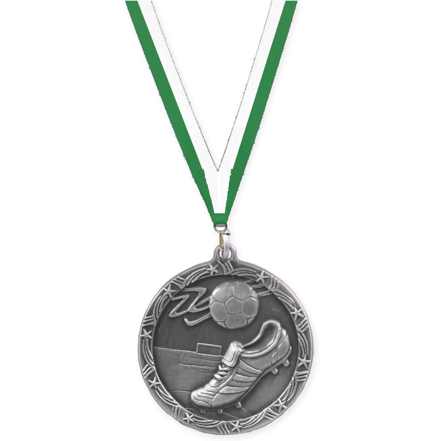 2 1/2 inch soccer Shooting Star medal in antique silver with Green White neck ribbon