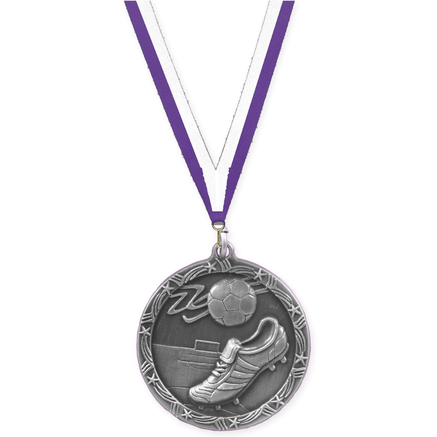 1 3/4 inch soccer Shooting Star medal in antique silver with Purple White neck ribbon