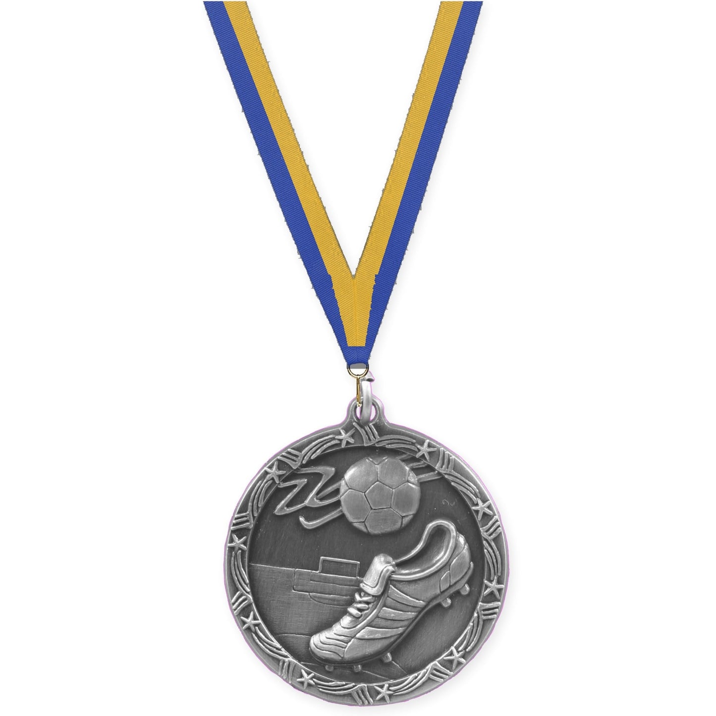 1 3/4 inch soccer Shooting Star medal in antique silver with Blue Gold neck ribbon