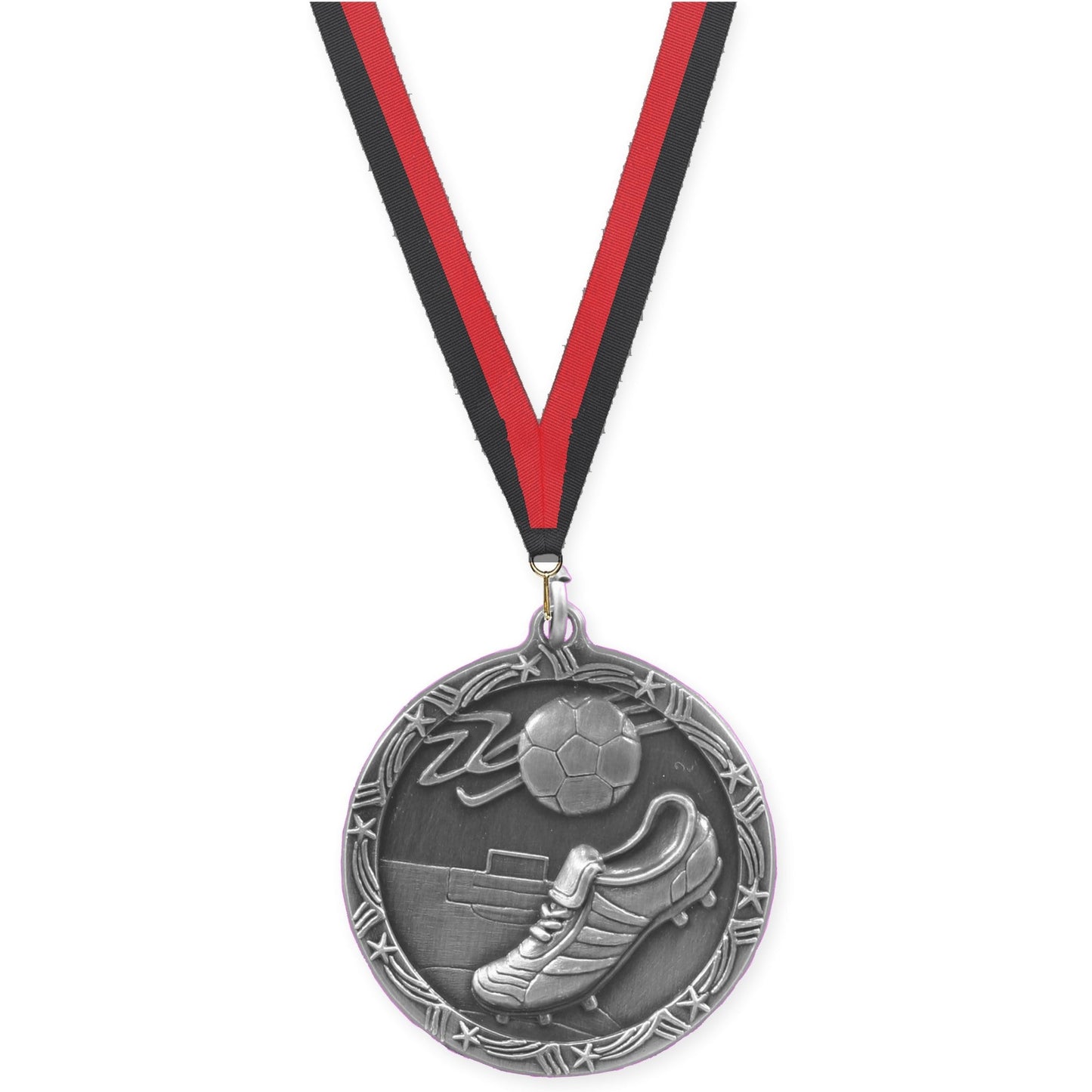 2 1/2 inch soccer Shooting Star medal in antique silver with Black Red neck ribbon