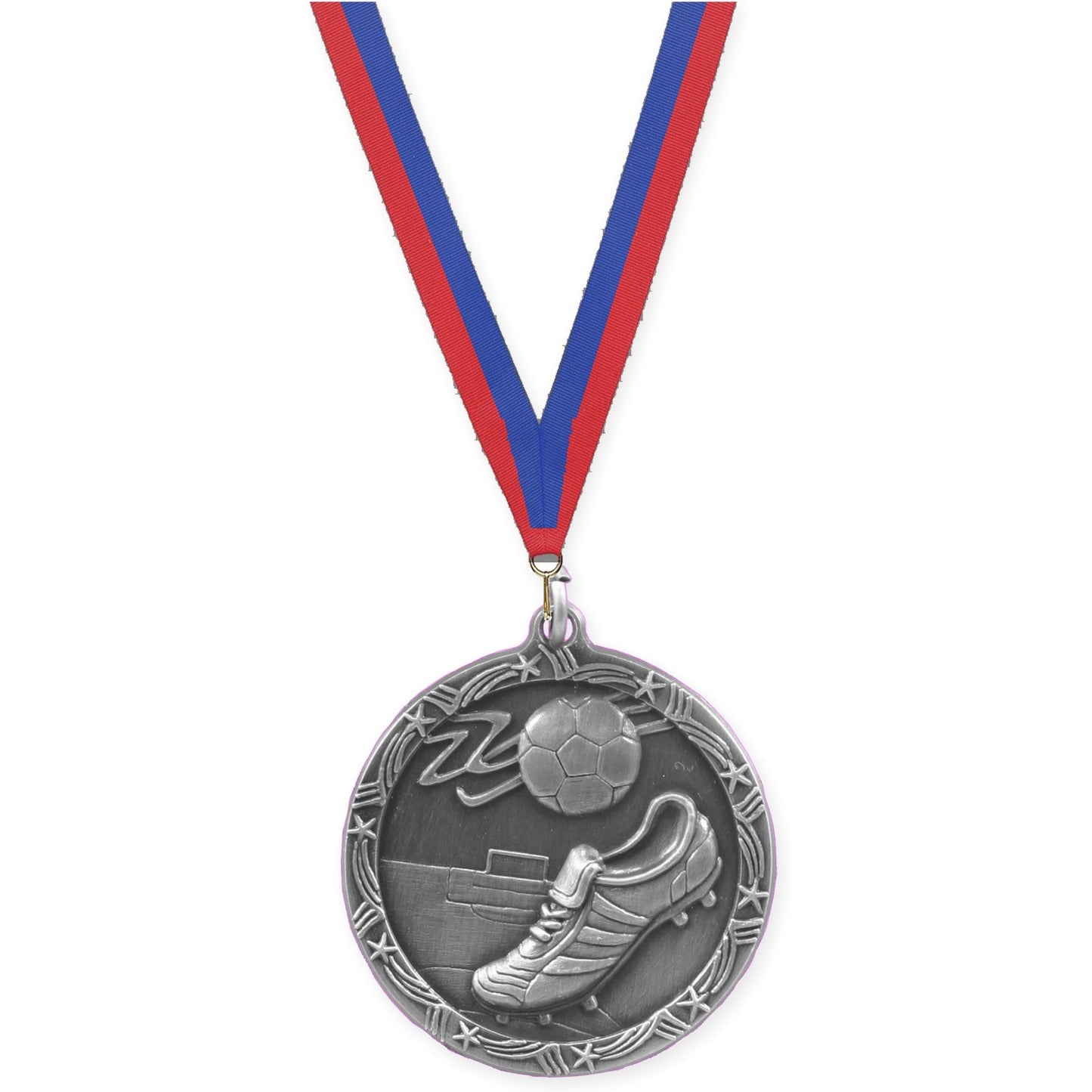 1 3/4 inch soccer Shooting Star medal in antique silver with Blue Red neck ribbon