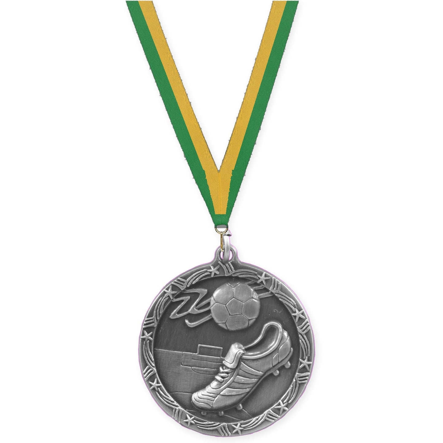 2 1/2 inch soccer Shooting Star medal in antique silver with Green Gold neck ribbon