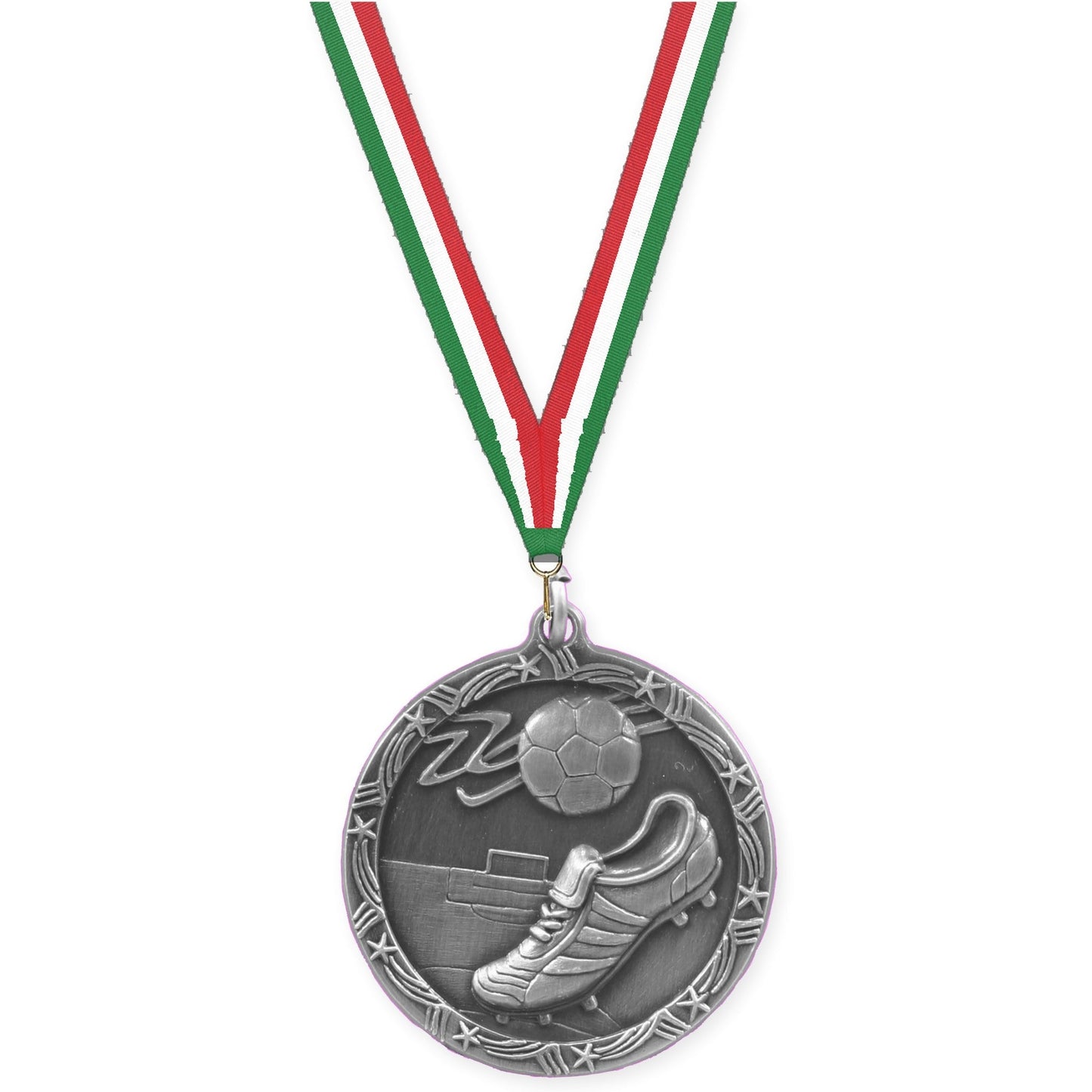 2 1/2 inch soccer Shooting Star medal in antique silver with Green White Red neck ribbon