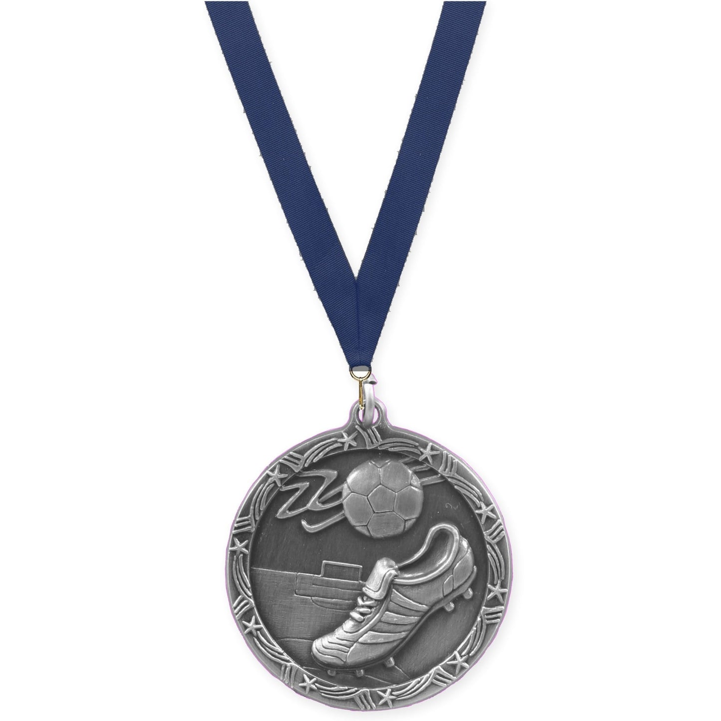 2 1/2 inch soccer Shooting Star medal in antique silver with Navy neck ribbon