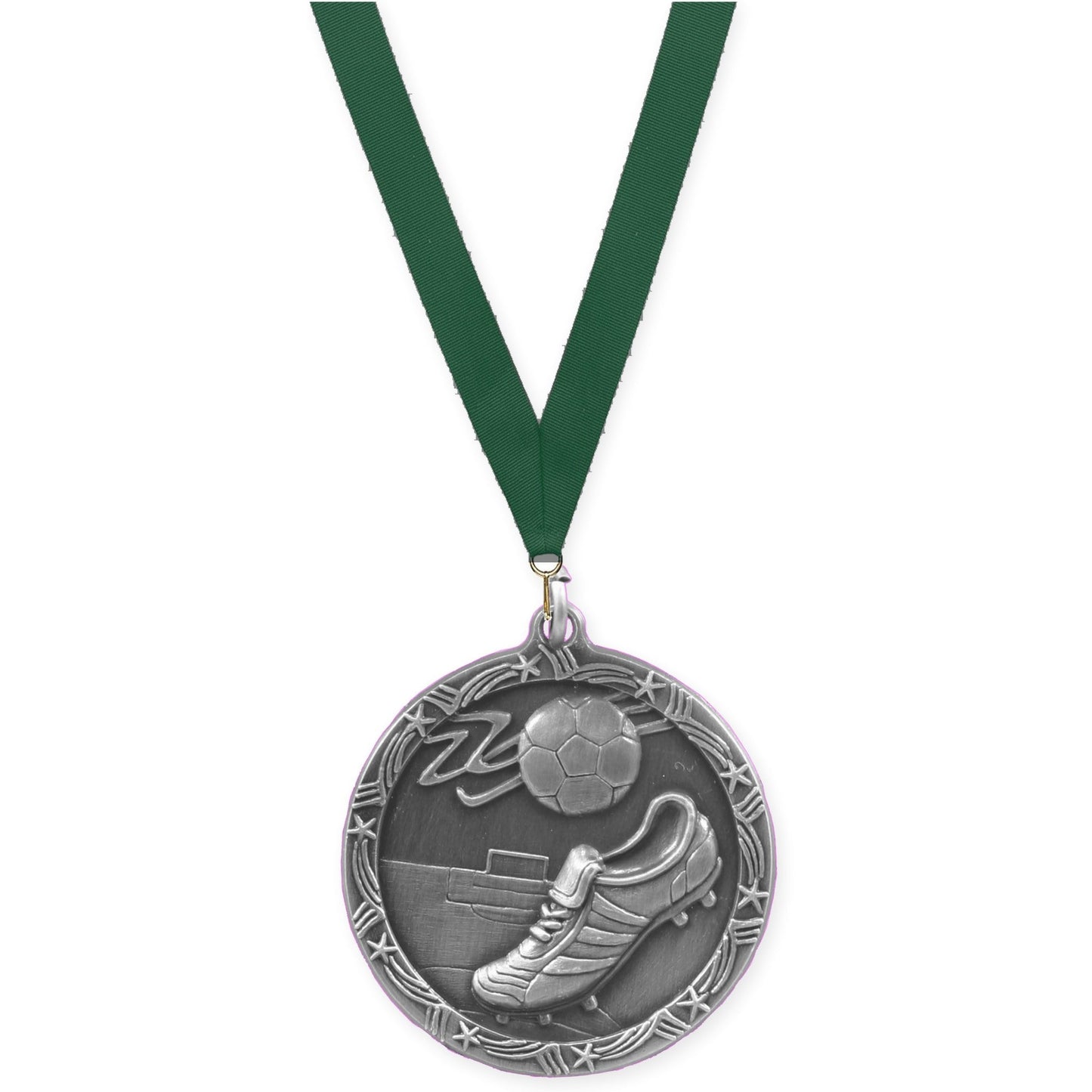 1 3/4 inch soccer Shooting Star medal in antique silver with Hunter Green neck ribbon