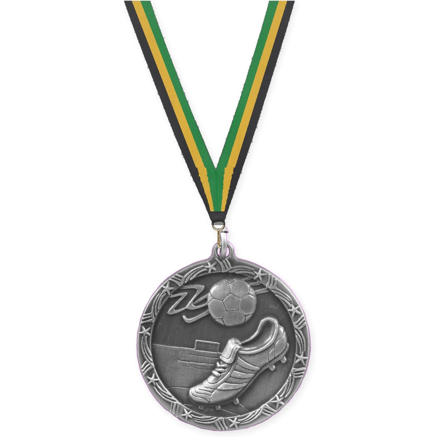 2 1/2 inch soccer Shooting Star medal in antique silver with Black Gold Green neck ribbon