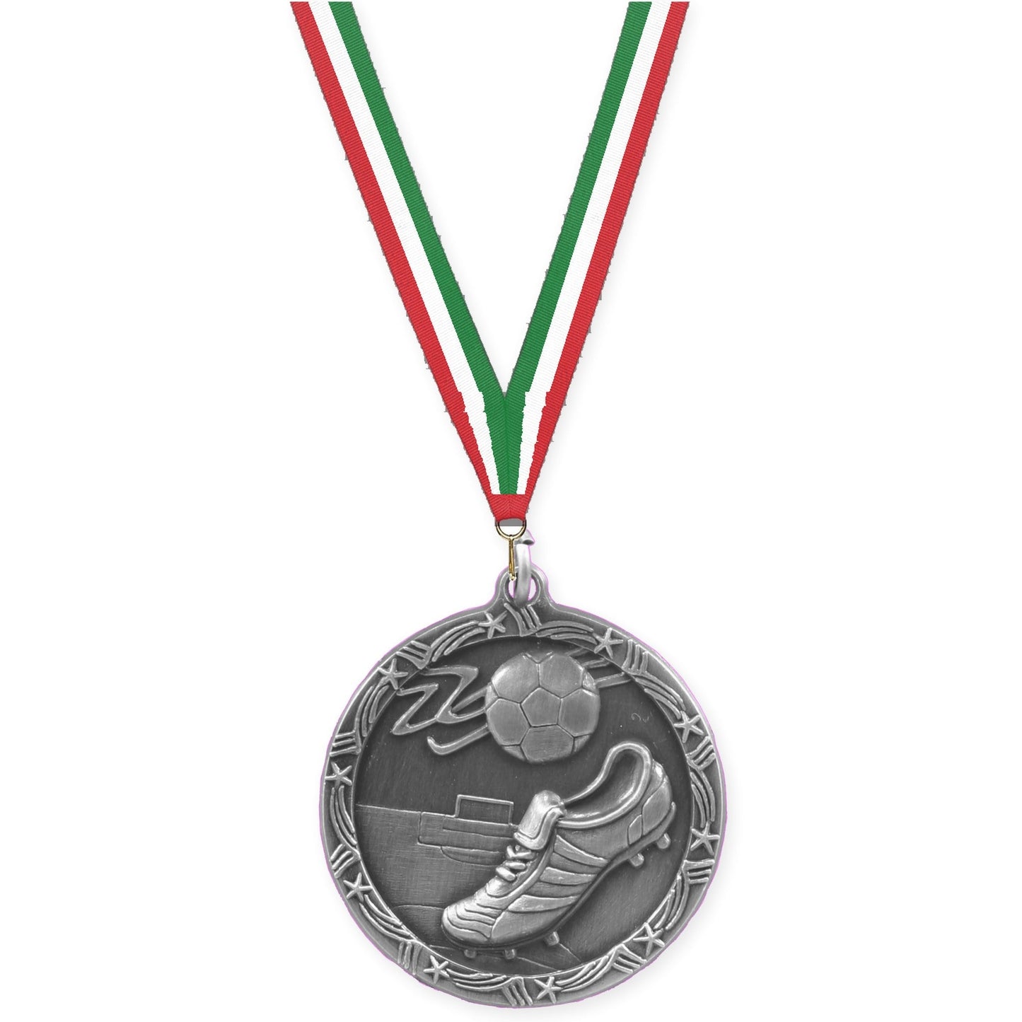 1 3/4 inch soccer Shooting Star medal in antique silver with Red White Green neck ribbon