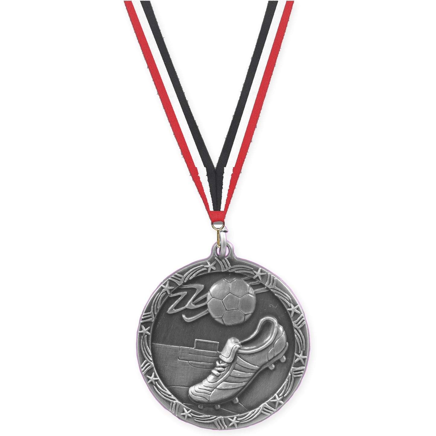 2 1/2 inch soccer Shooting Star medal in antique silver with Red White Black neck ribbon