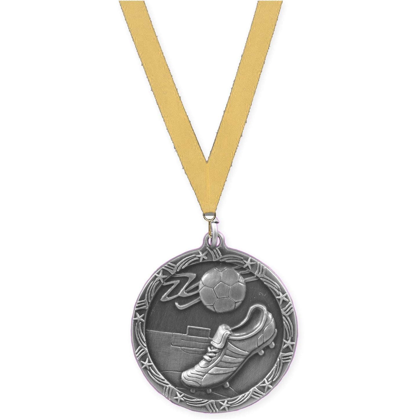 1 3/4 inch soccer Shooting Star medal in antique silver with Gold Metallic neck ribbon