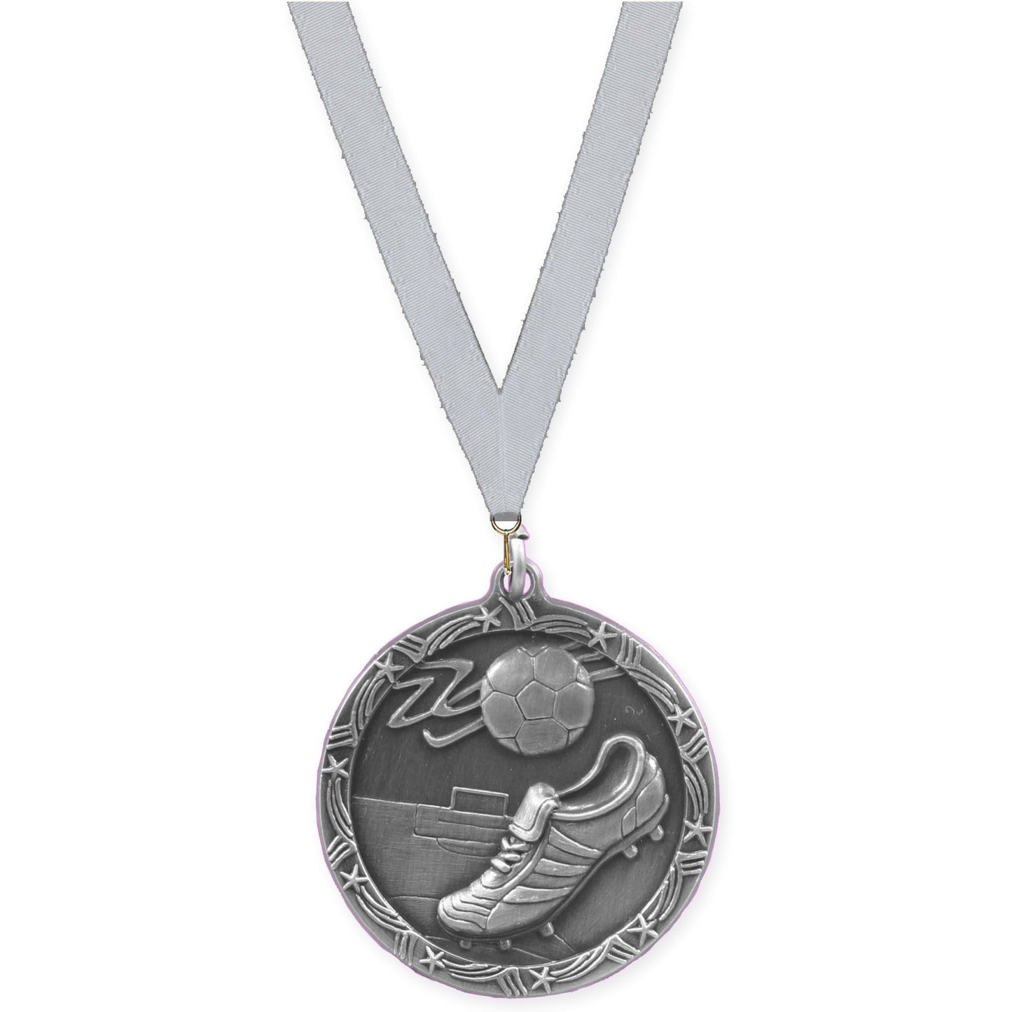 2 1/2 inch soccer Shooting Star medal in antique silver with Silver Metallic neck ribbon