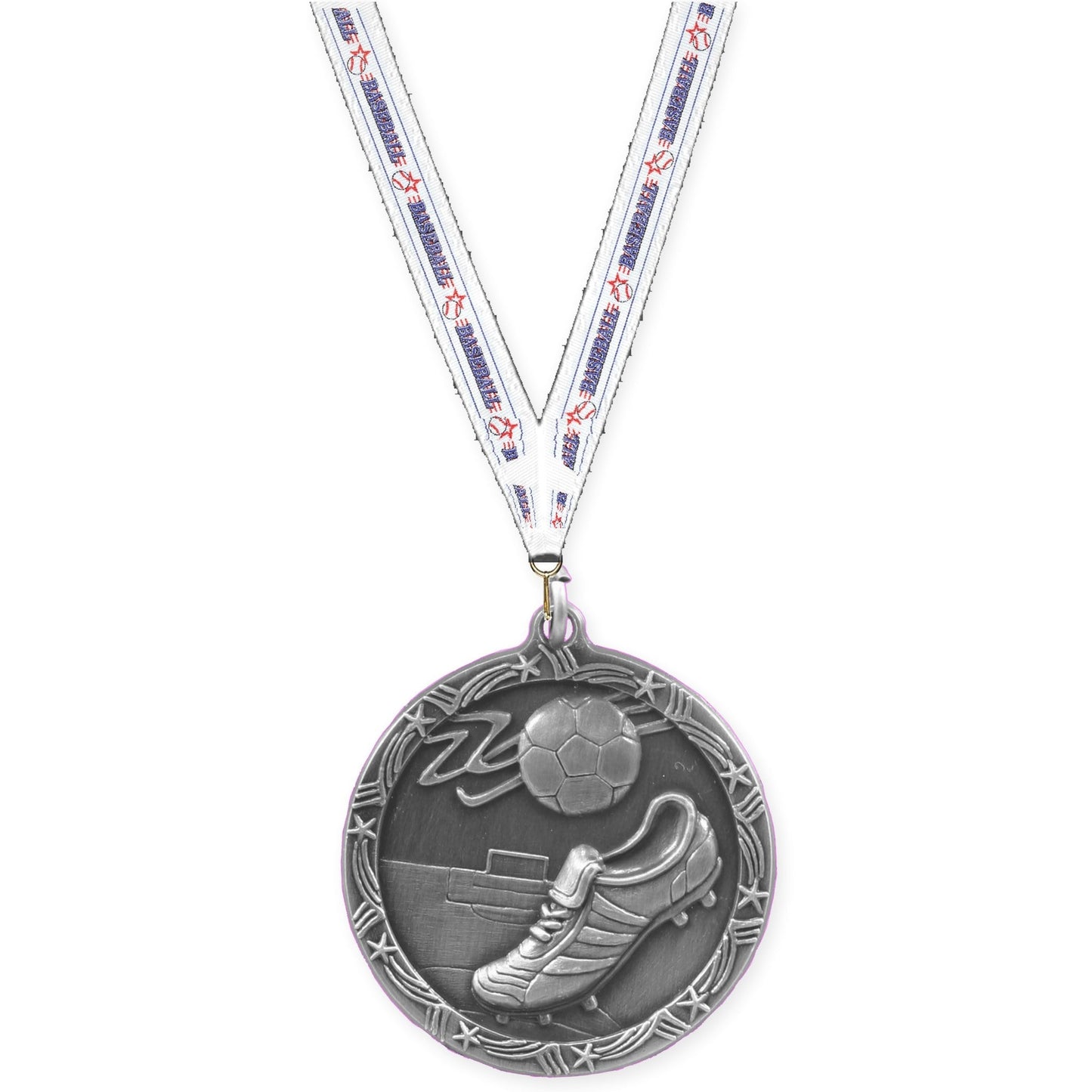 2 1/2 inch soccer Shooting Star medal in antique silver with Baseball neck ribbon
