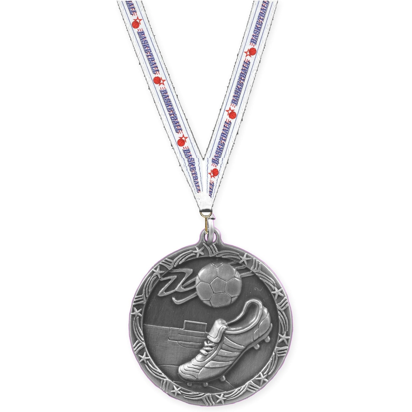 2 1/2 inch soccer Shooting Star medal in antique silver with Basketball neck ribbon