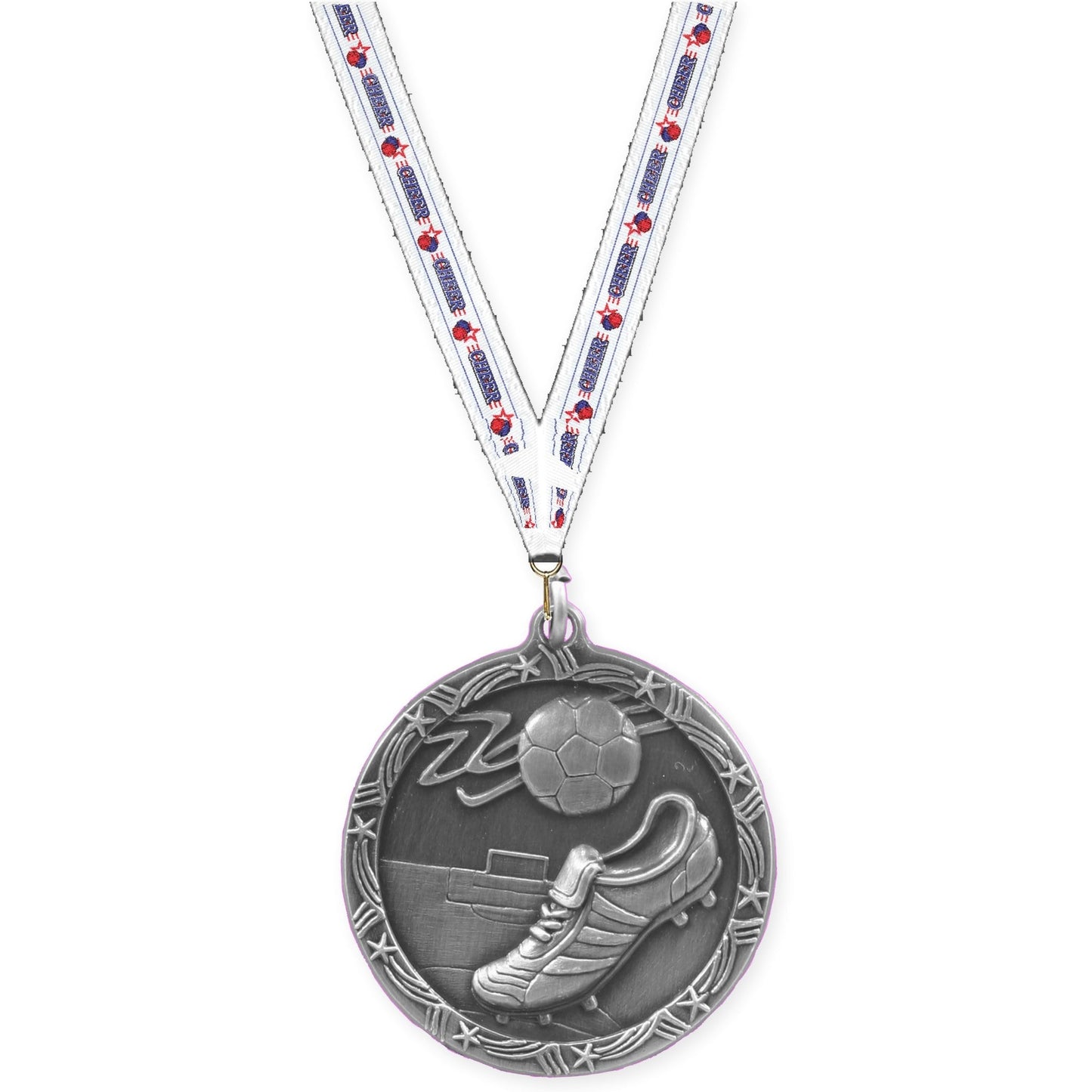 1 3/4 inch soccer Shooting Star medal in antique silver with Cheerleading neck ribbon
