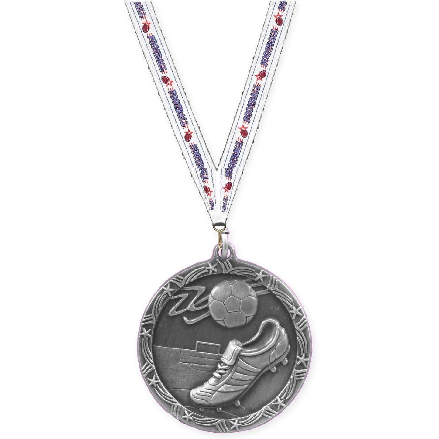 2 1/2 inch soccer Shooting Star medal in antique silver with Football neck ribbon