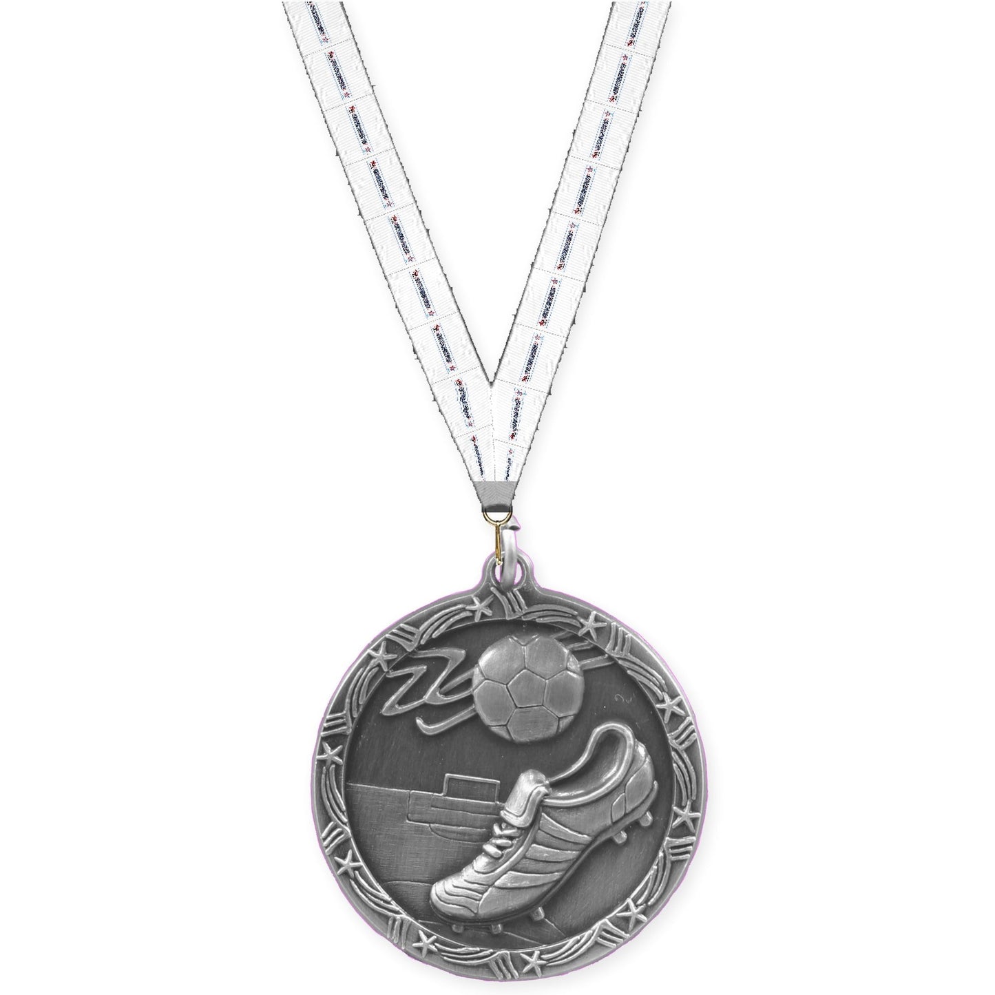 1 3/4 inch soccer Shooting Star medal in antique silver with Gymnastics neck ribbon
