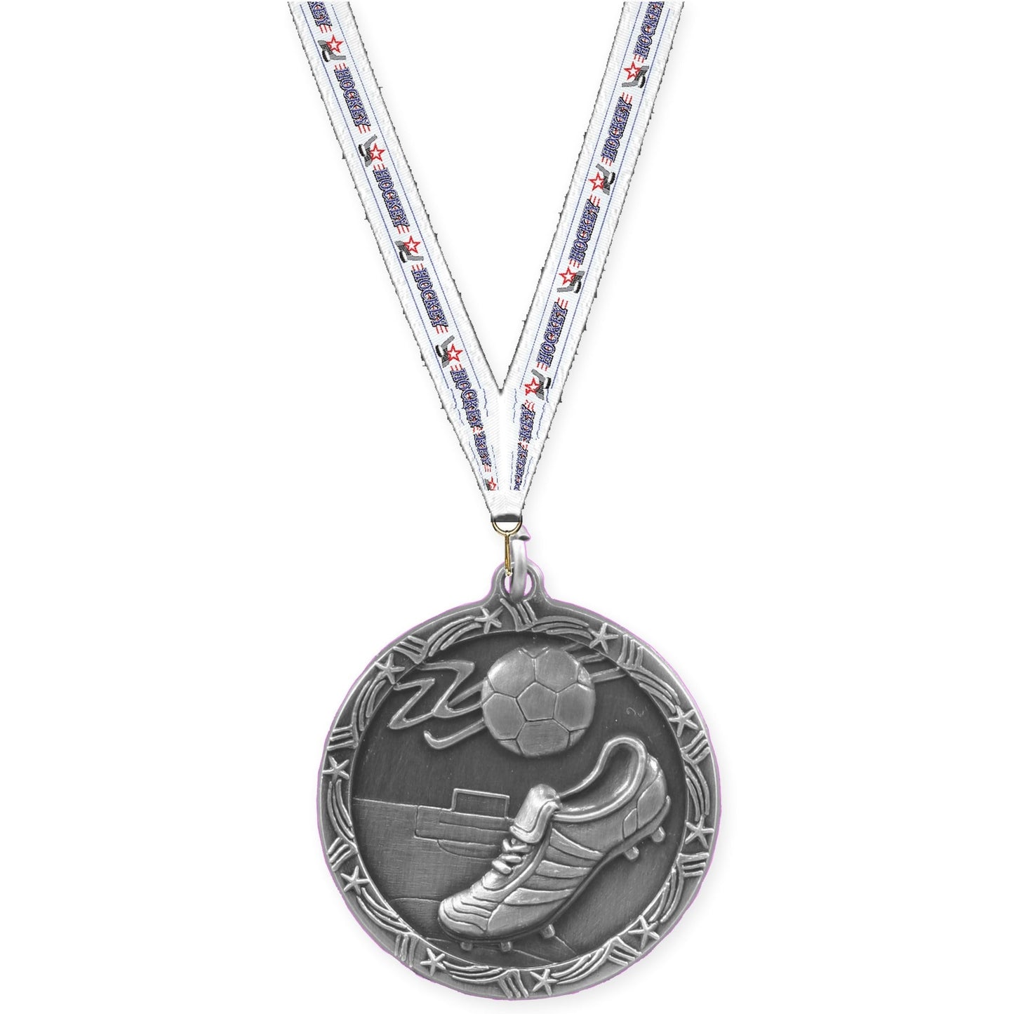 1 3/4 inch soccer Shooting Star medal in antique silver with Hockey neck ribbon