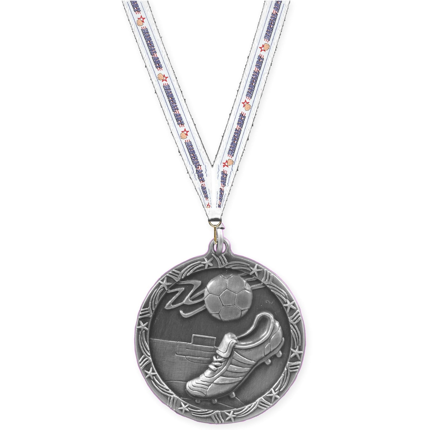 2 1/2 inch soccer Shooting Star medal in antique silver with Martial Arts neck ribbon