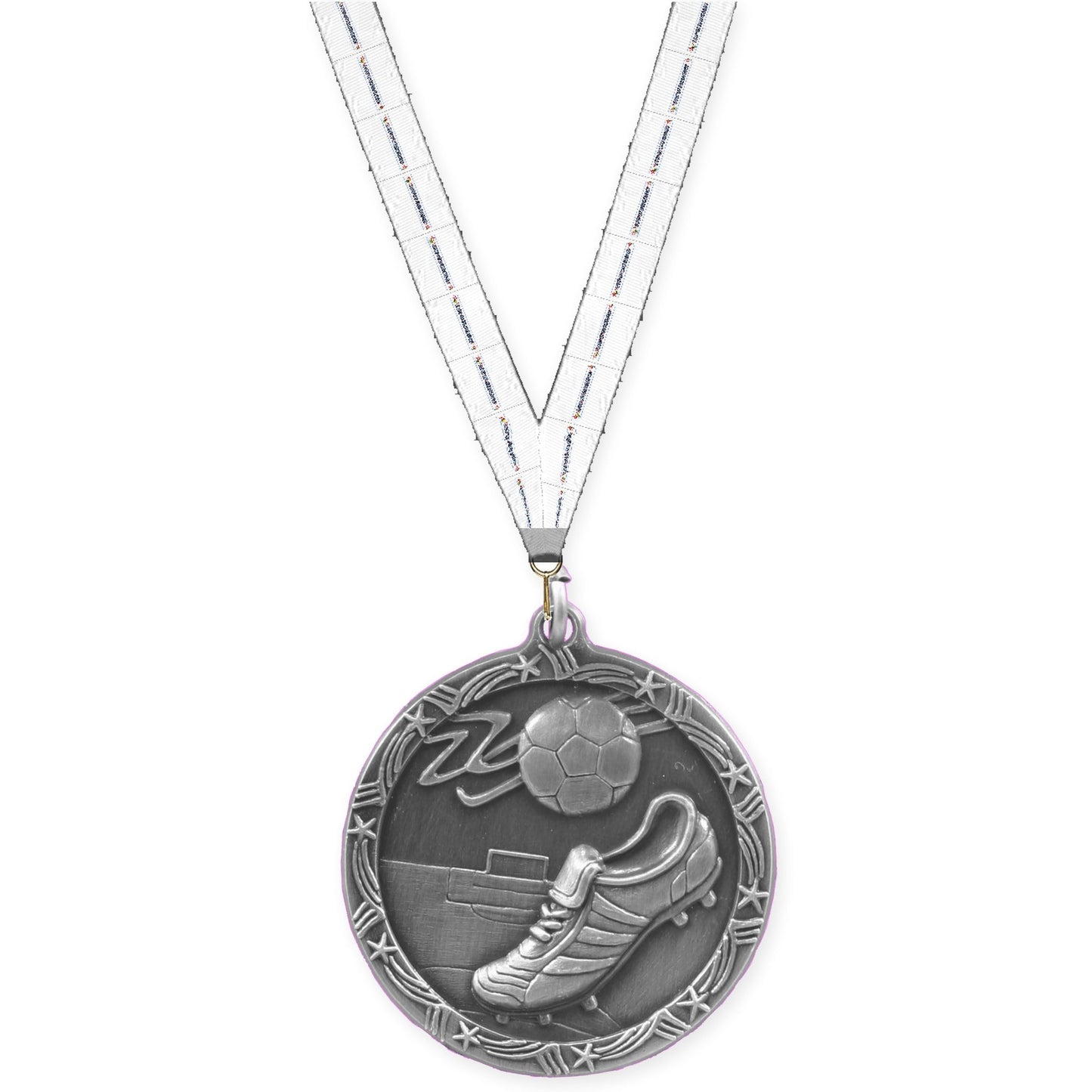 2 1/2 inch soccer Shooting Star medal in antique silver with Lamp Of Knowledge neck ribbon