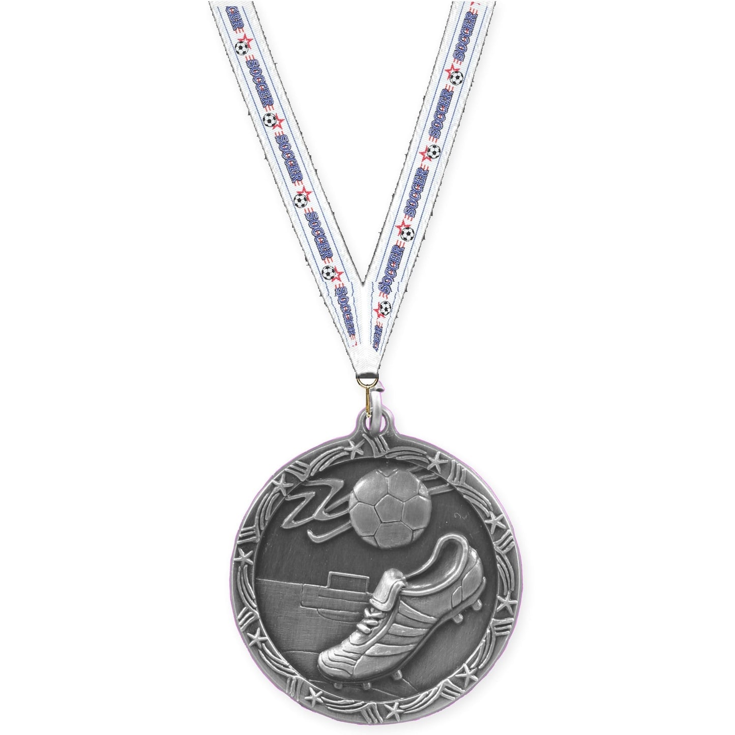 2 1/2 inch soccer Shooting Star medal in antique silver with Soccer neck ribbon