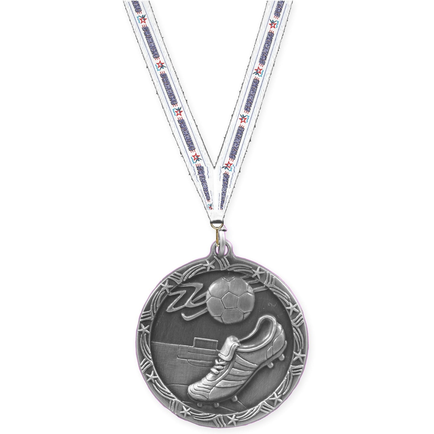 2 1/2 inch soccer Shooting Star medal in antique silver with Swimming neck ribbon