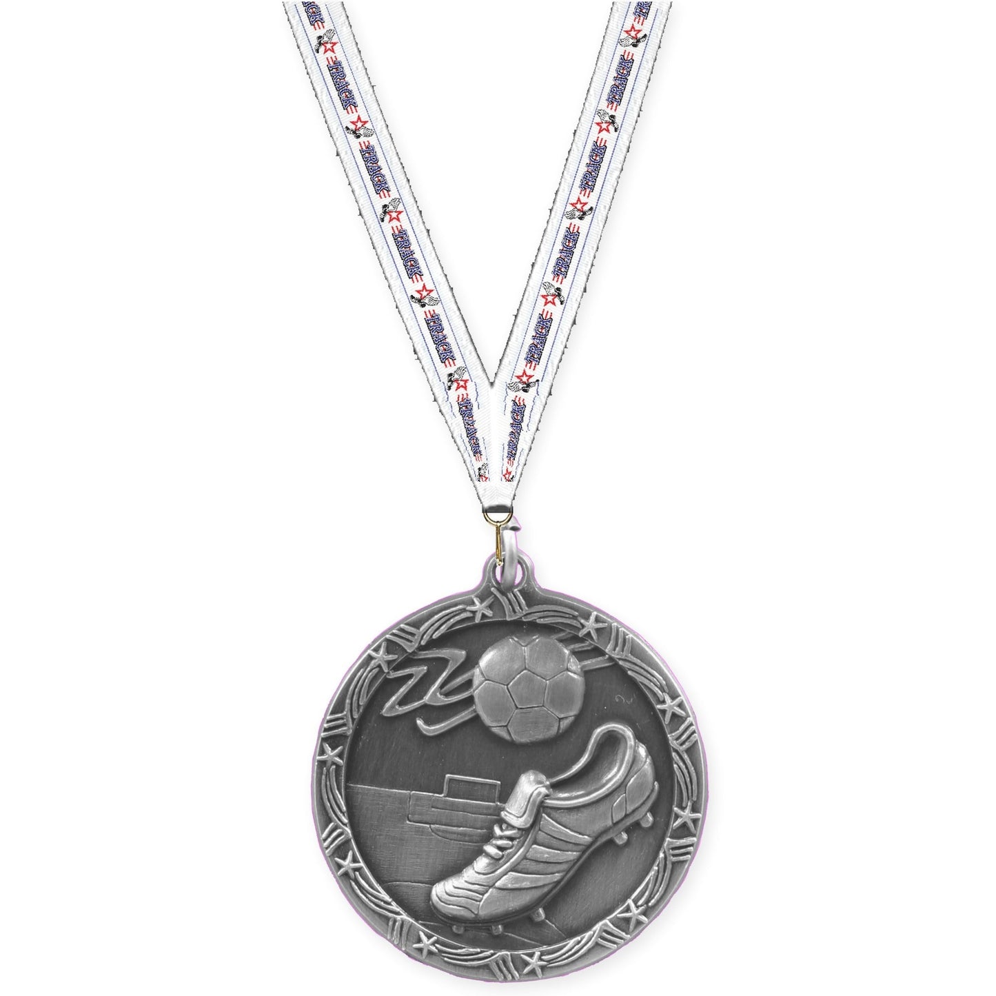 1 3/4 inch soccer Shooting Star medal in antique silver with Track neck ribbon