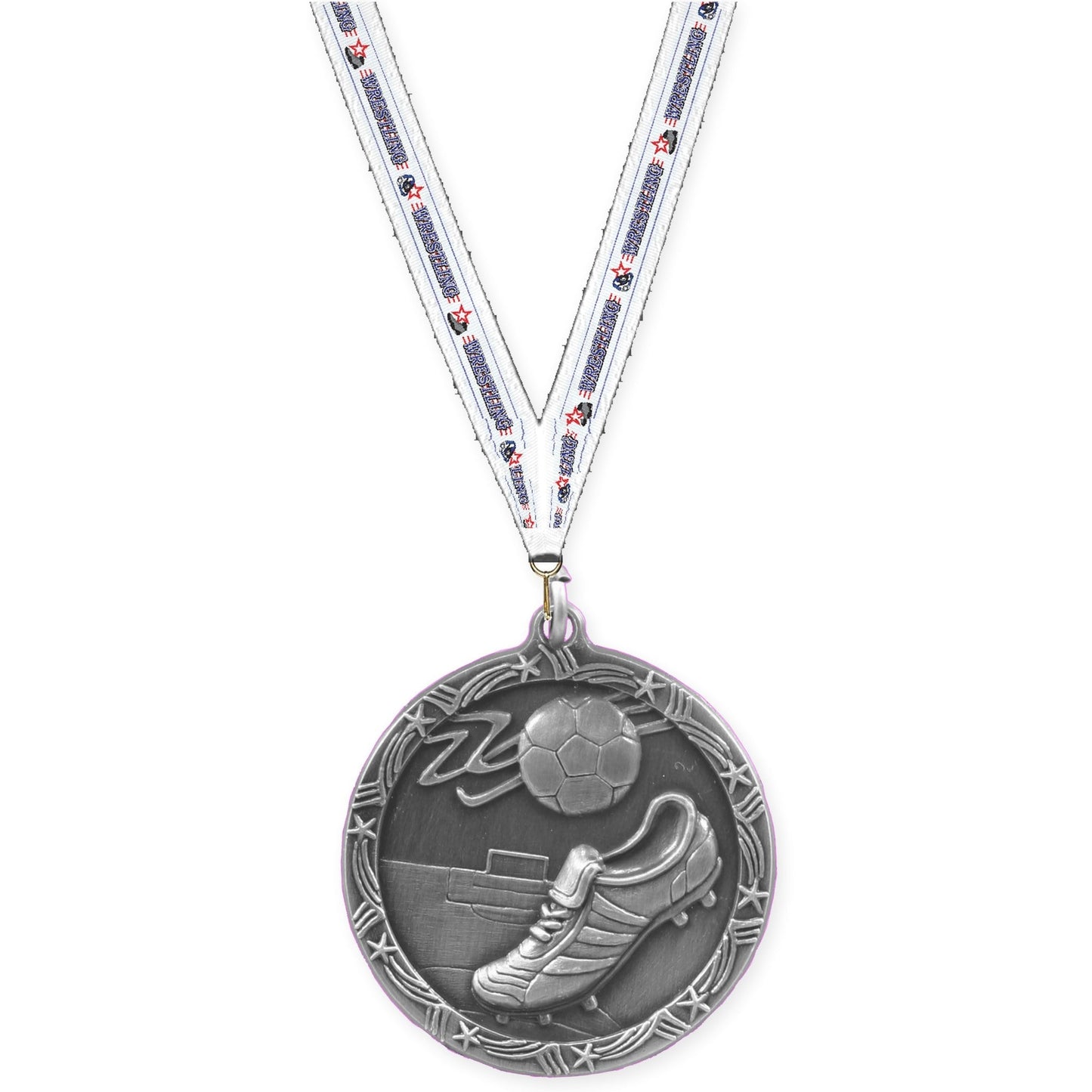 2 1/2 inch soccer Shooting Star medal in antique silver with Wrestling neck ribbon