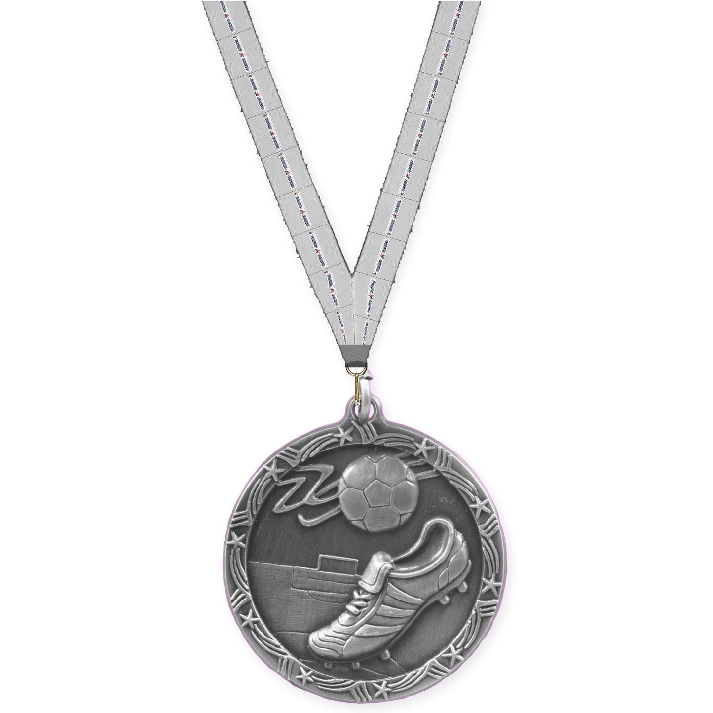 1 3/4 inch soccer Shooting Star medal in antique silver with Auto Racing neck ribbon