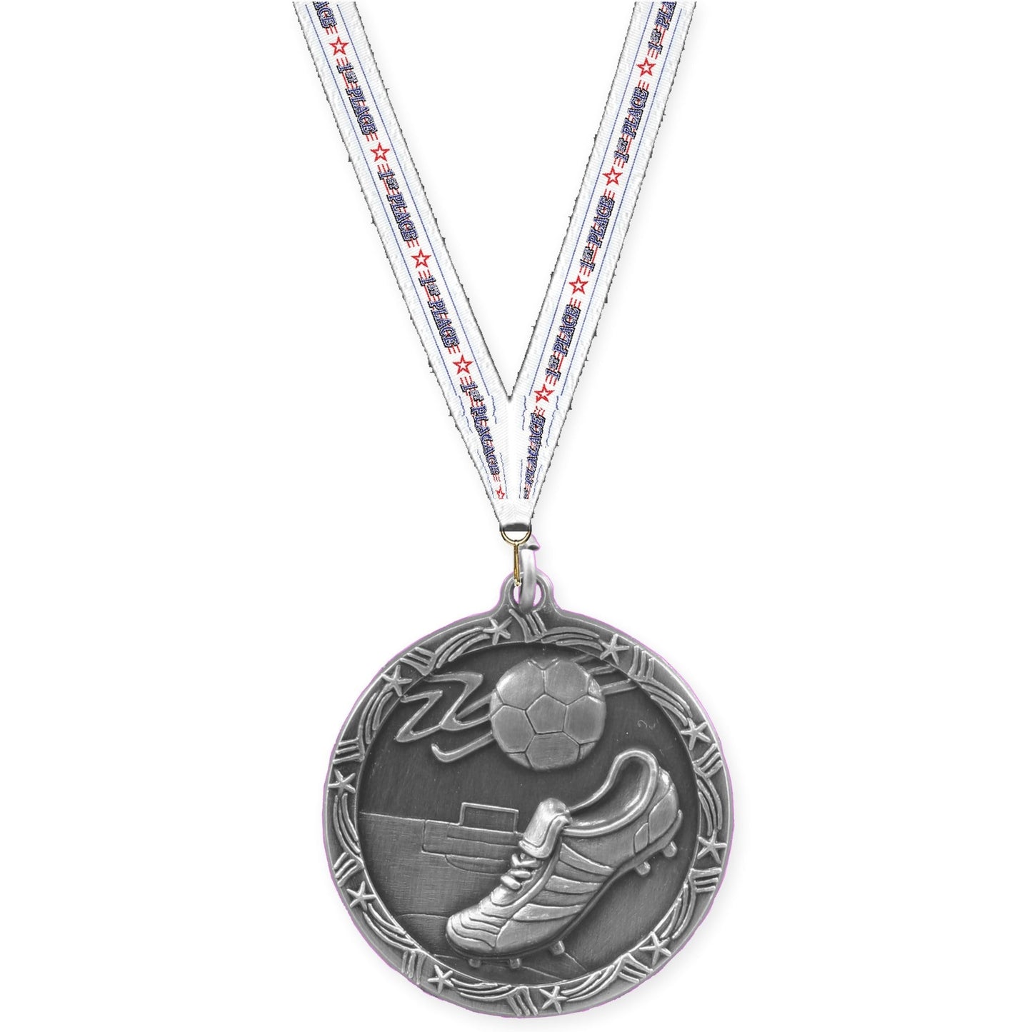 1 3/4 inch soccer Shooting Star medal in antique silver with 1st Place neck ribbon