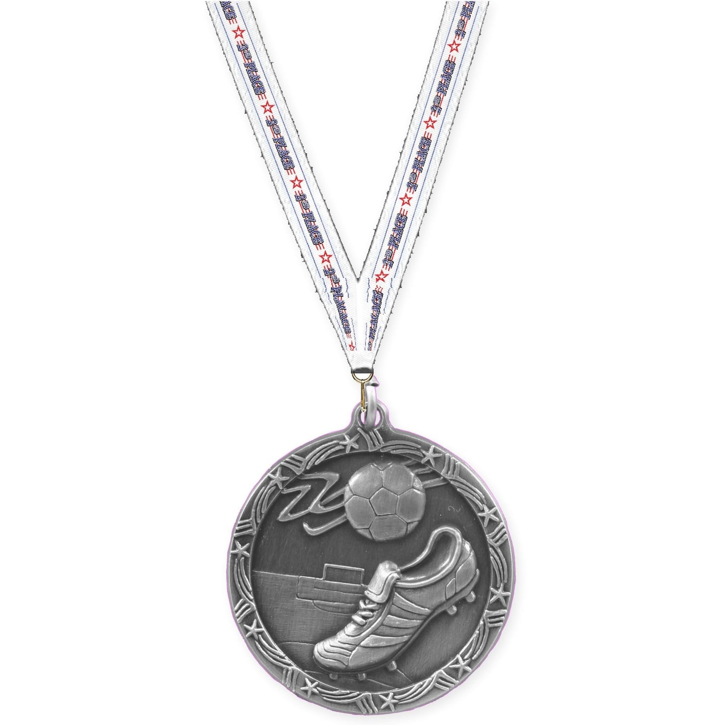 1 3/4 inch soccer Shooting Star medal in antique silver with 2nd Place neck ribbon