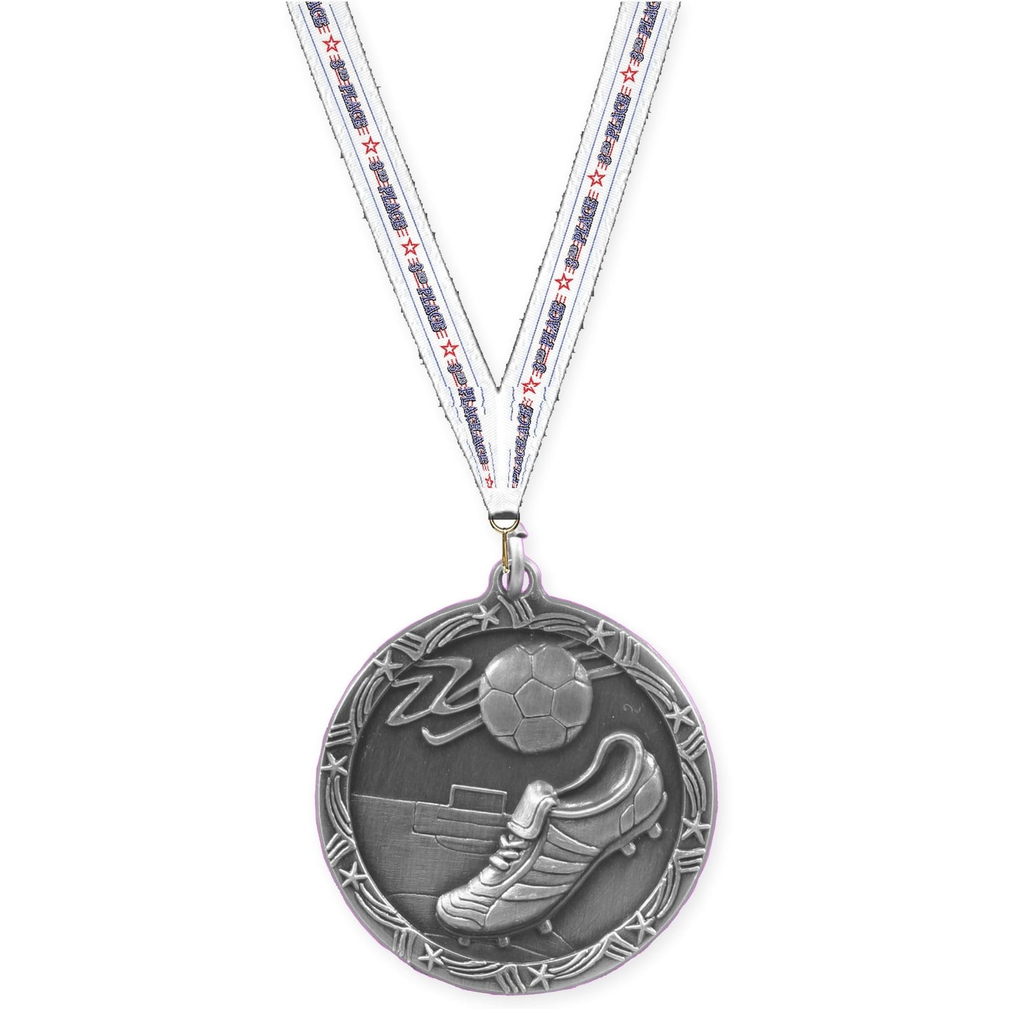 2 1/2 inch soccer Shooting Star medal in antique silver with 3rd Place neck ribbon