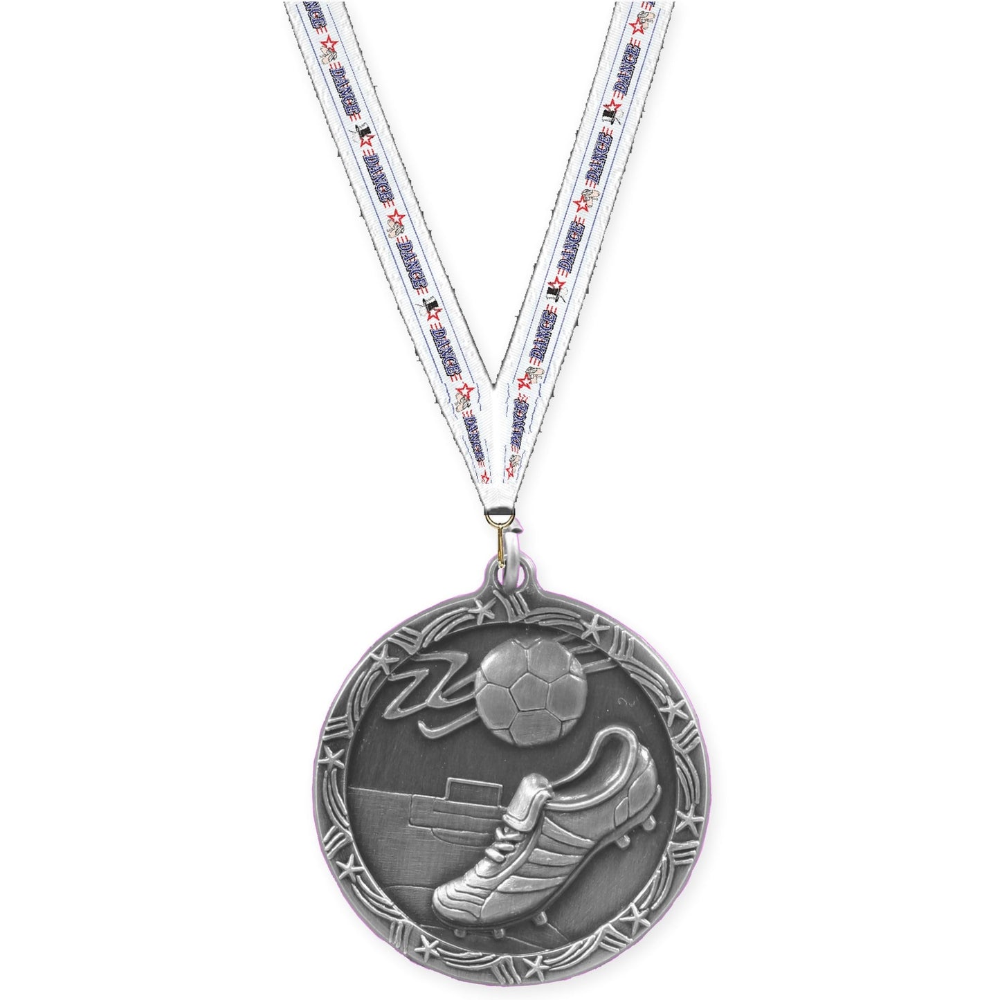2 1/2 inch soccer Shooting Star medal in antique silver with Dance neck ribbon
