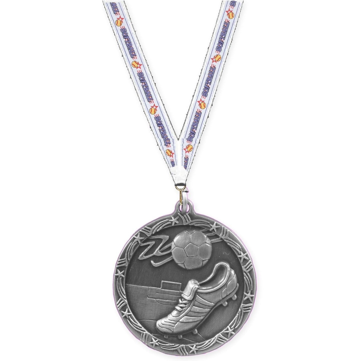 2 1/2 inch soccer Shooting Star medal in antique silver with Softball neck ribbon