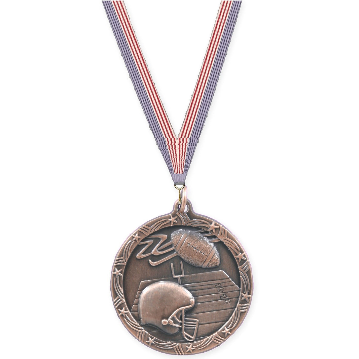 1 3/4 inch football Shooting Star medal in antique bronze with USA Flag neck ribbon