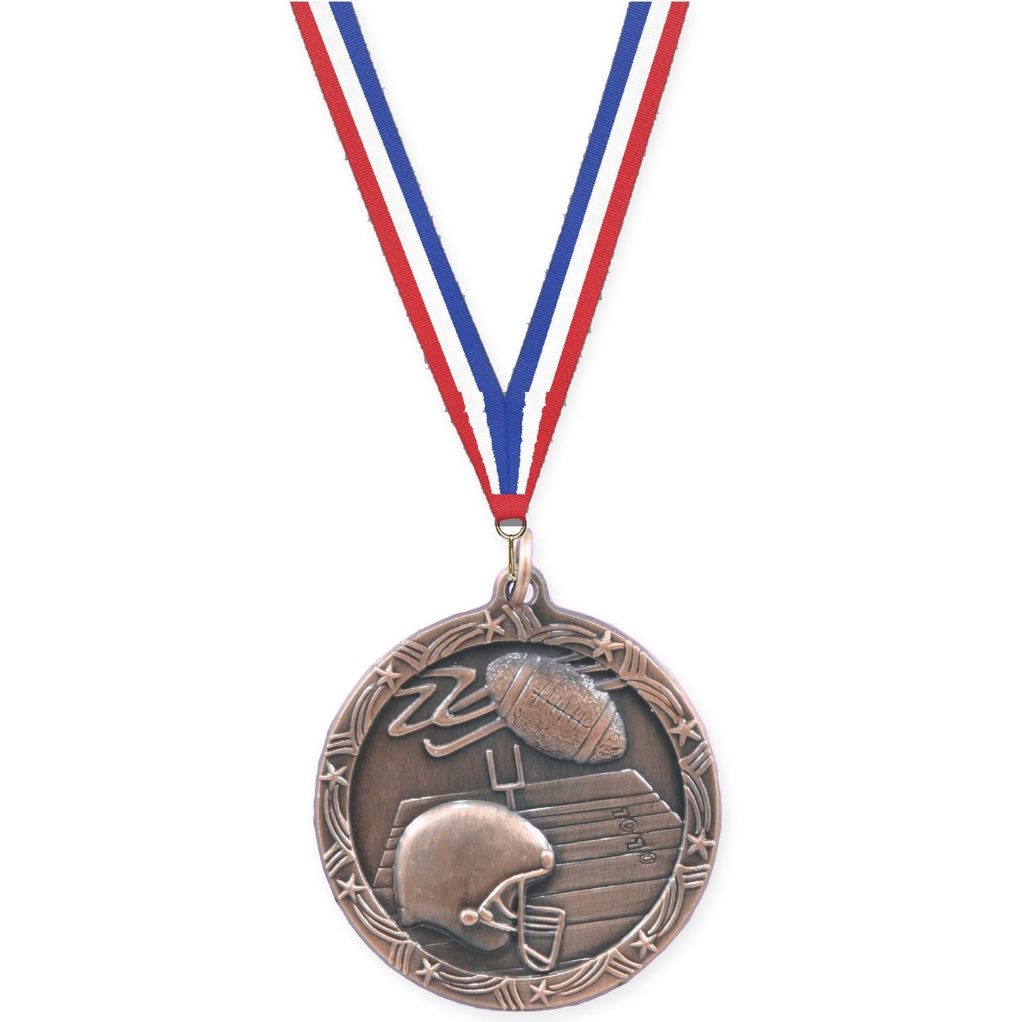 1 3/4 inch football Shooting Star medal in antique bronze with Red White Blue neck ribbon