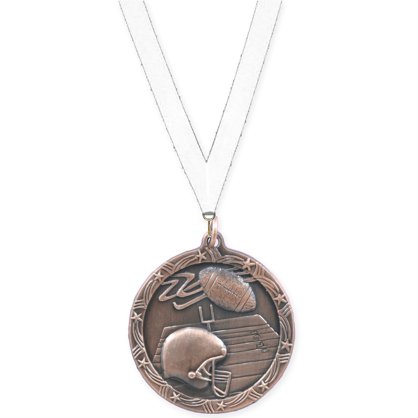 1 3/4 inch football Shooting Star medal in antique bronze with White neck ribbon