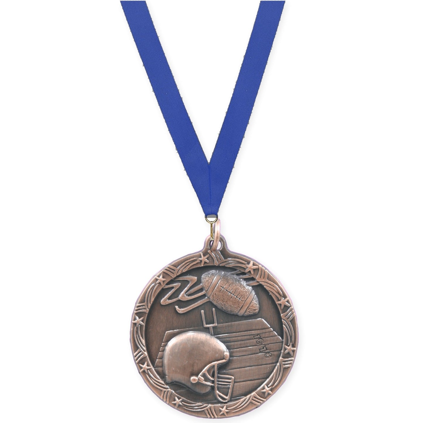1 3/4 inch football Shooting Star medal in antique bronze with Blue neck ribbon