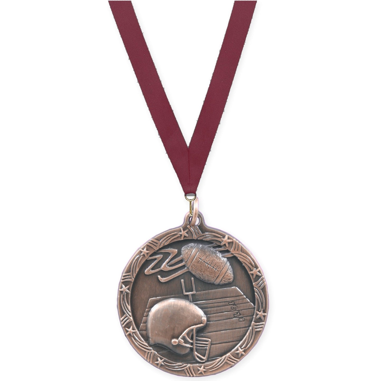 1 3/4 inch football Shooting Star medal in antique bronze with Maroon neck ribbon