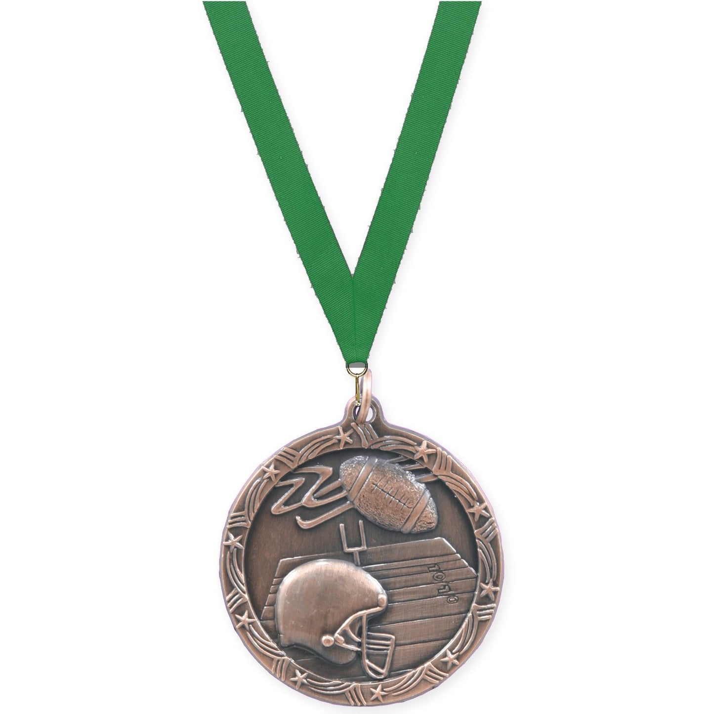 1 3/4 inch football Shooting Star medal in antique bronze with Green neck ribbon