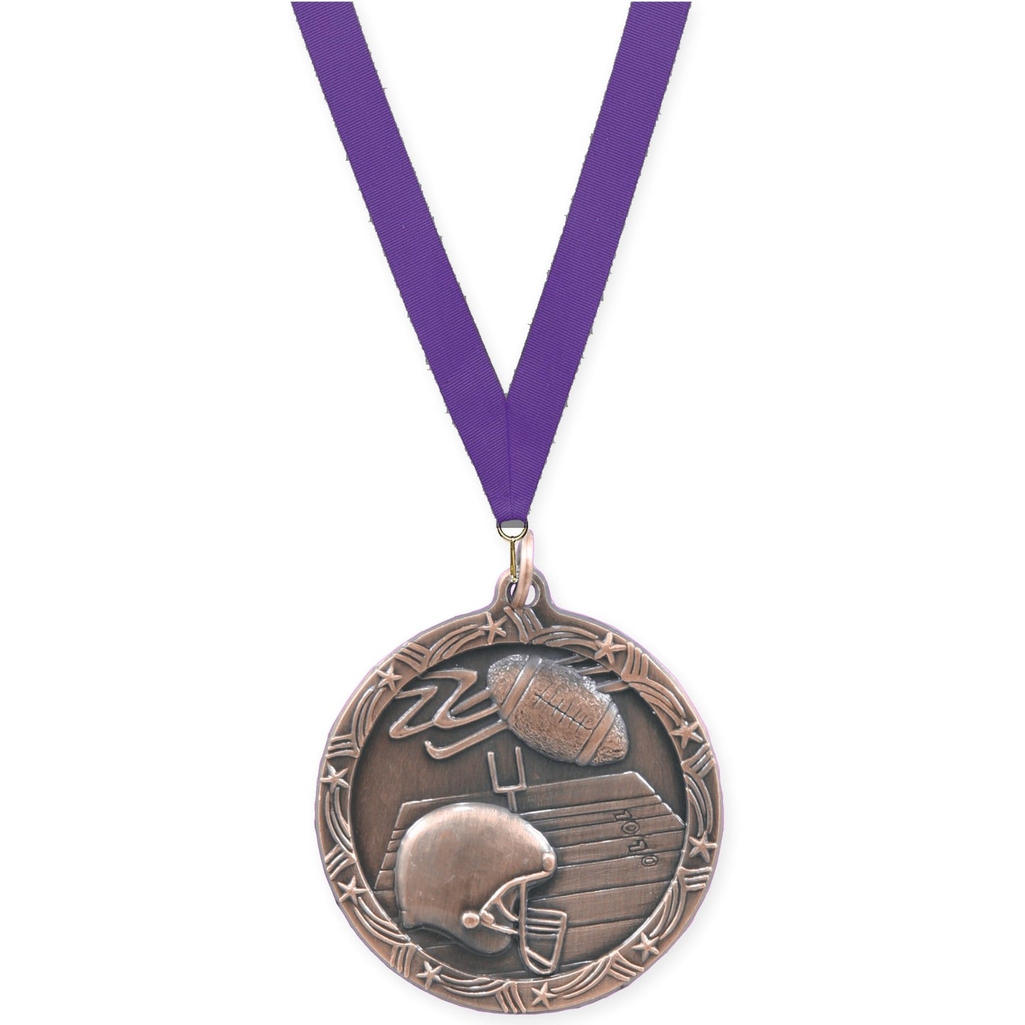 2 1/2 inch football Shooting Star medal in antique bronze with Purple neck ribbon