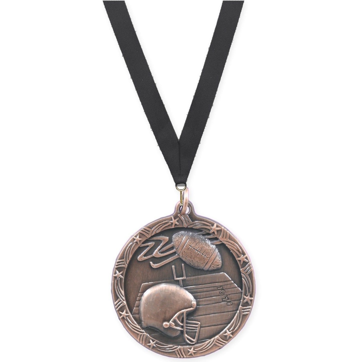 1 3/4 inch football Shooting Star medal in antique bronze with Black neck ribbon