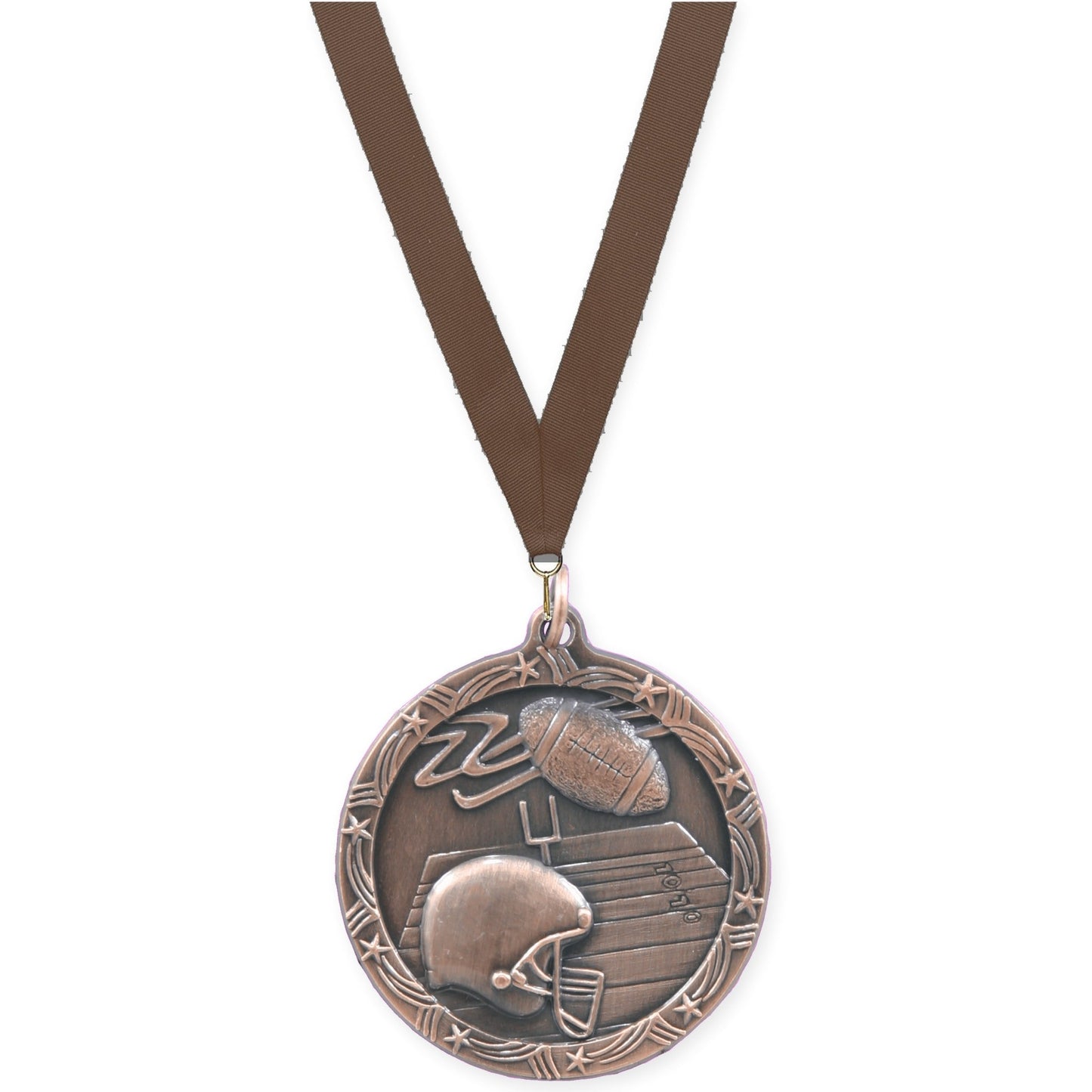 2 1/2 inch football Shooting Star medal in antique bronze with Brown neck ribbon